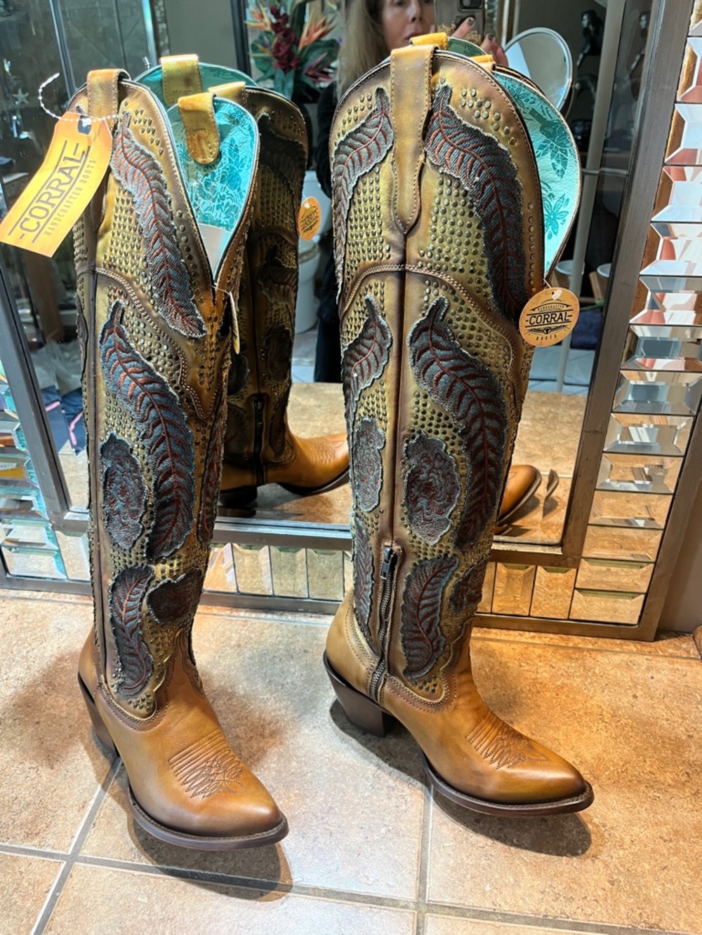 New! Corral Tan and Dark Brown Leather Over the Knee High Western Boots - Picture 10 of 16